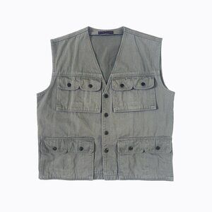 Vintage Chez Florida Mens Cargo Utility Vest Khaki Multi-Pocket Safari Gorp Sz L